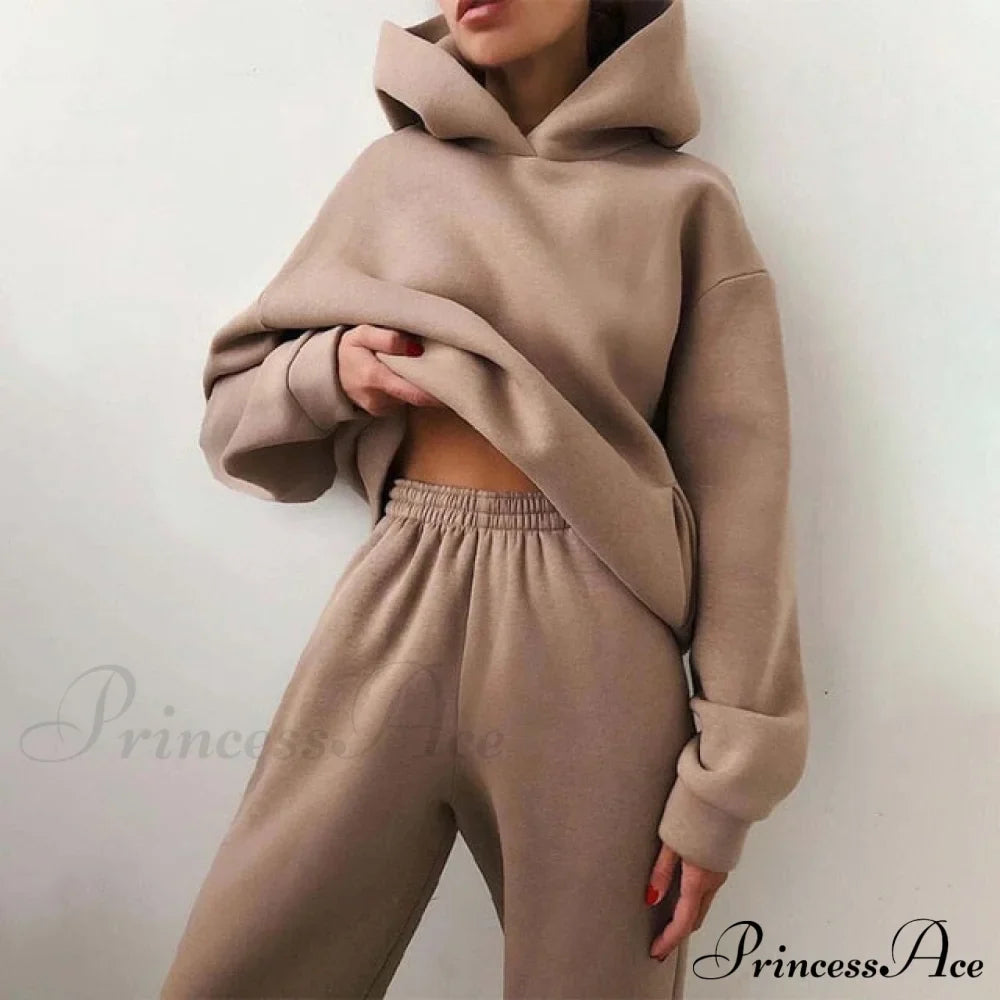 Elegant With Long Sweatshirt Set And Hoodie Lace-Up Warm Pant Solid Detail