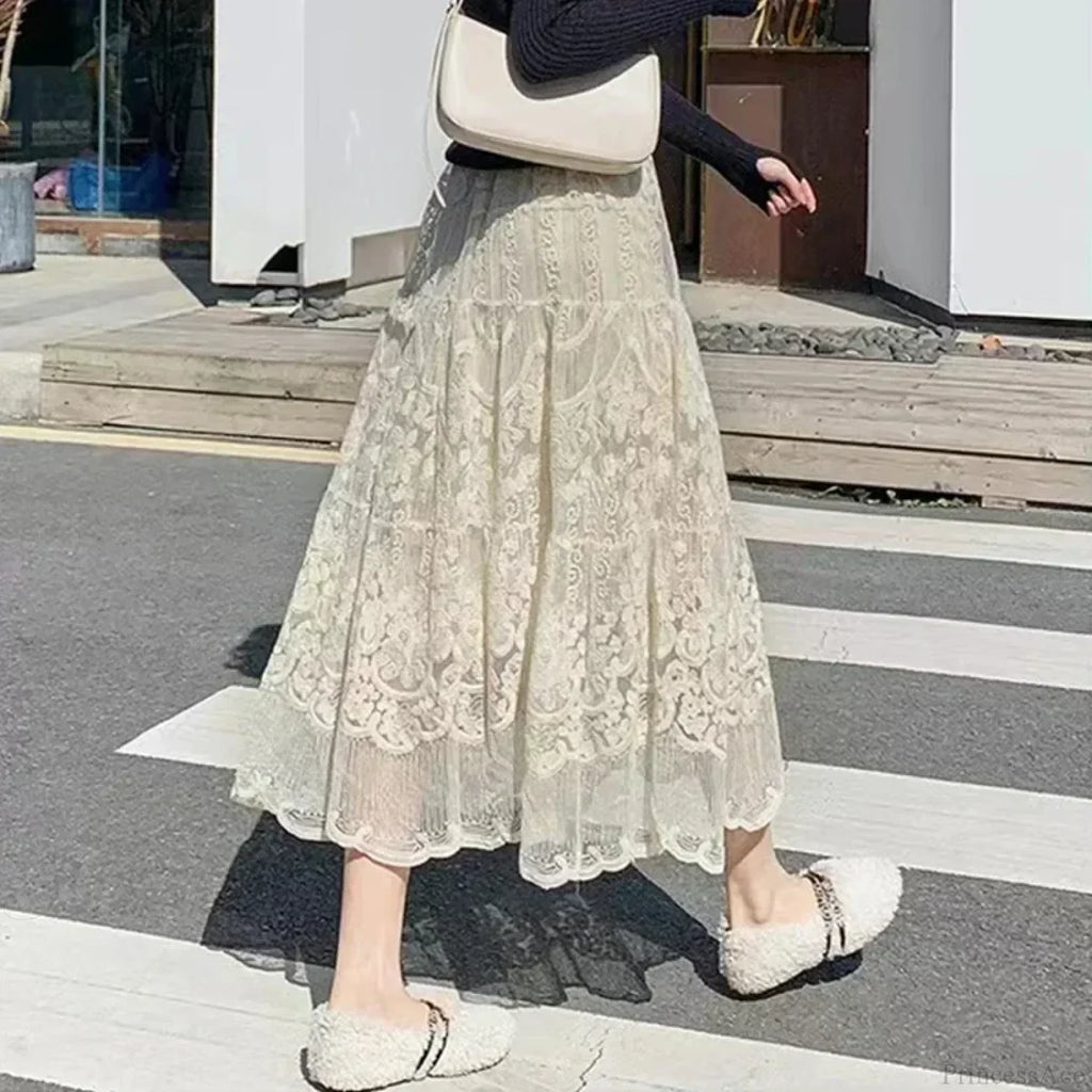 Embroidered Flower Lace High Waist Boho Skirt