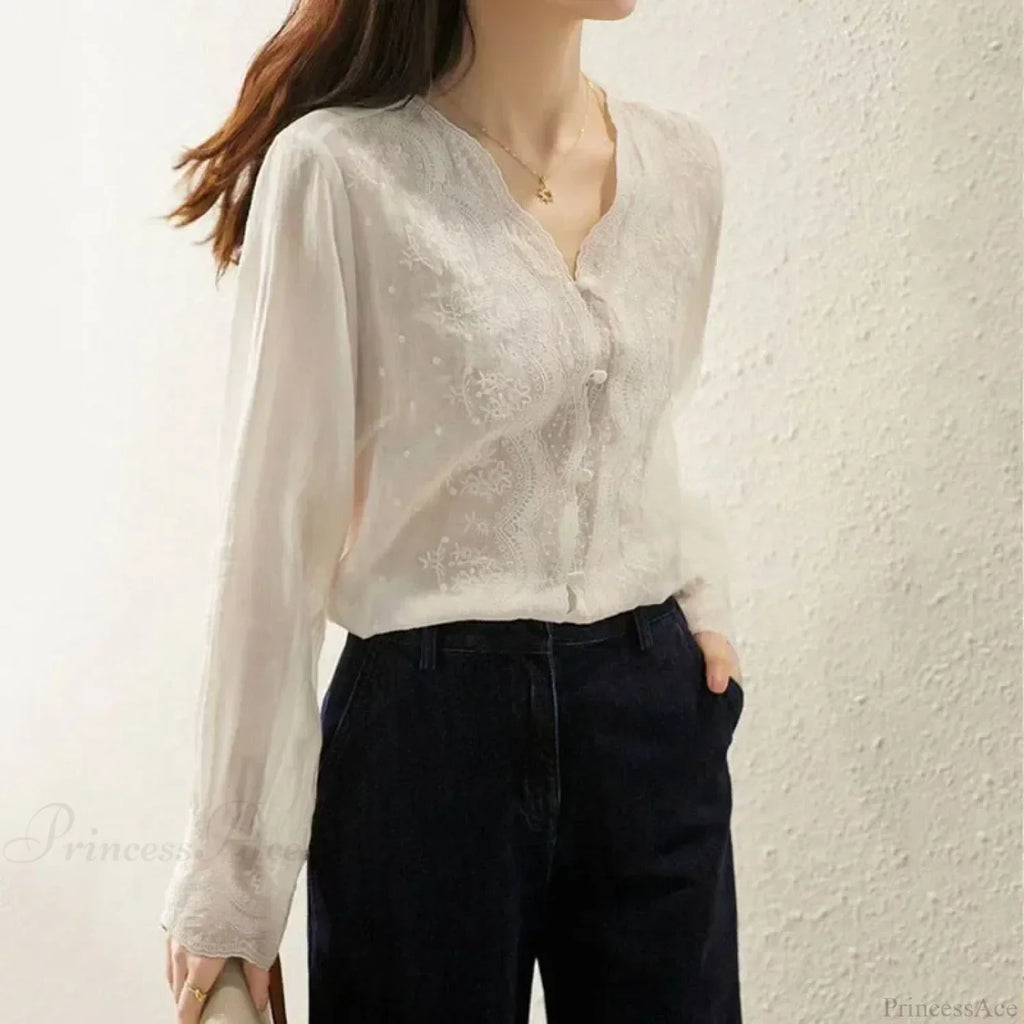 Embroidered Lace V-Neck Linen Blouse Autumn