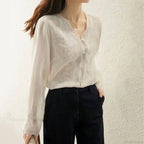 Embroidered Lace V-Neck Linen Blouse Autumn