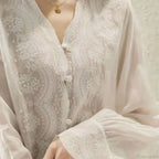 Embroidered Lace V-Neck Linen Blouse Autumn