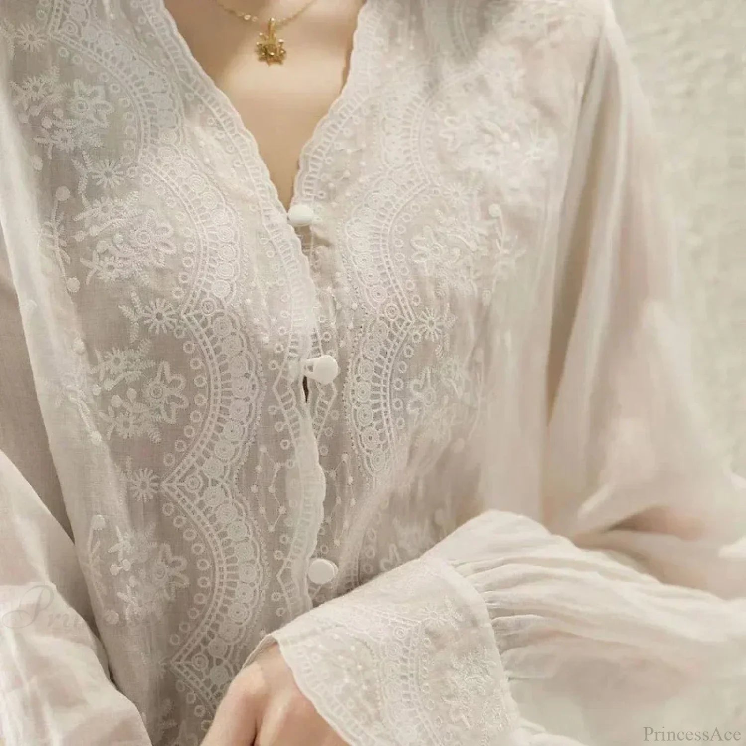 Embroidered Lace V-Neck Linen Blouse Autumn