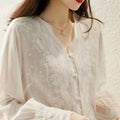Embroidered Lace V-Neck Linen Blouse Autumn