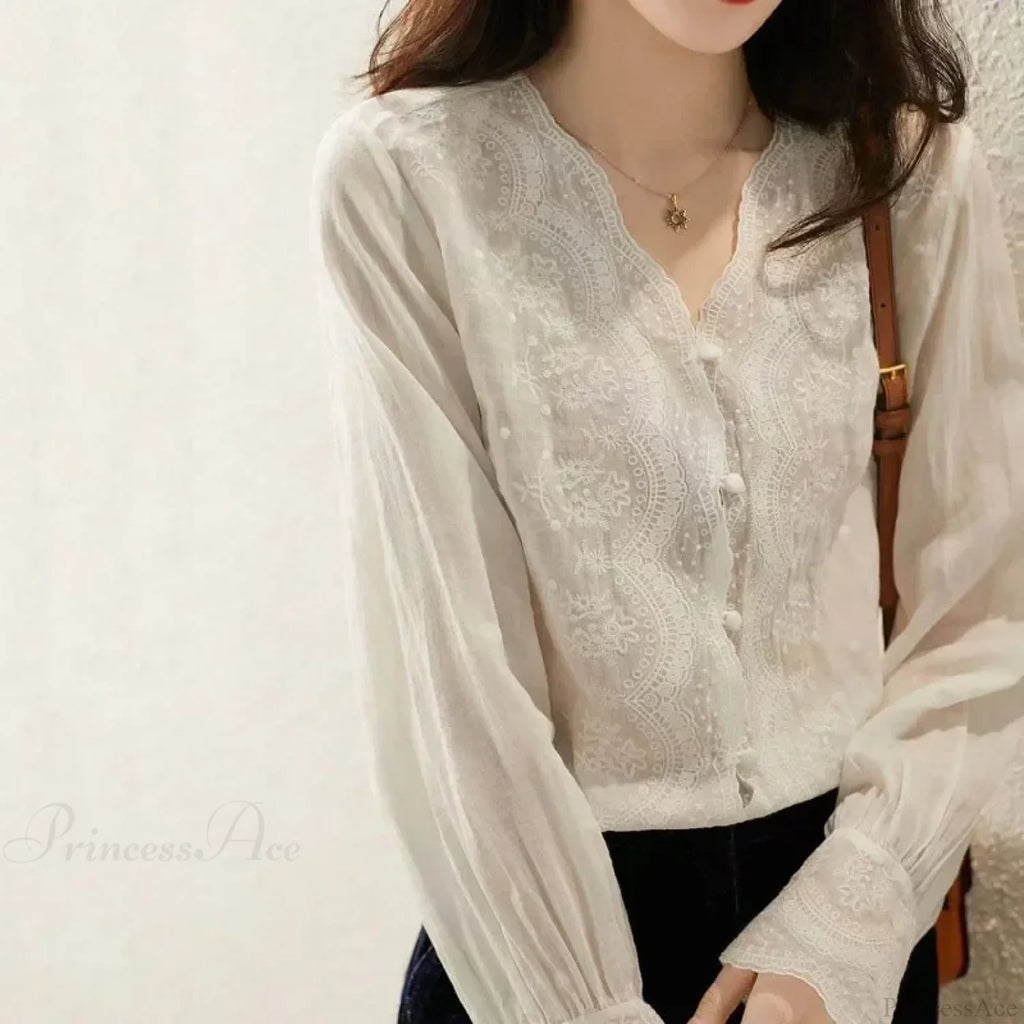 Embroidered Lace V-Neck Linen Blouse Autumn