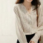 Embroidered Lace V-Neck Linen Blouse Autumn
