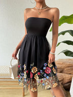 Embroidered Mesh Floral Strapless Vintage Dress