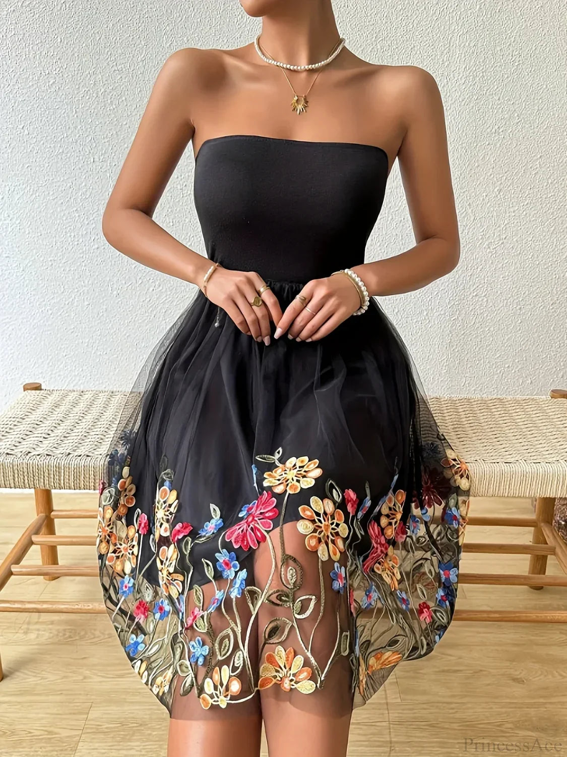 Embroidered Mesh Floral Strapless Vintage Dress