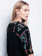 Embroidery Loose V-Neck Black Elegant Boho Dress