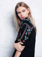 Embroidery Loose V-Neck Black Elegant Boho Dress