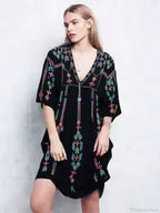 Embroidery Loose V-Neck Black Elegant Boho Dress
