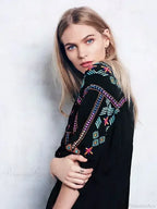 Embroidery Loose V-Neck Black Elegant Boho Dress