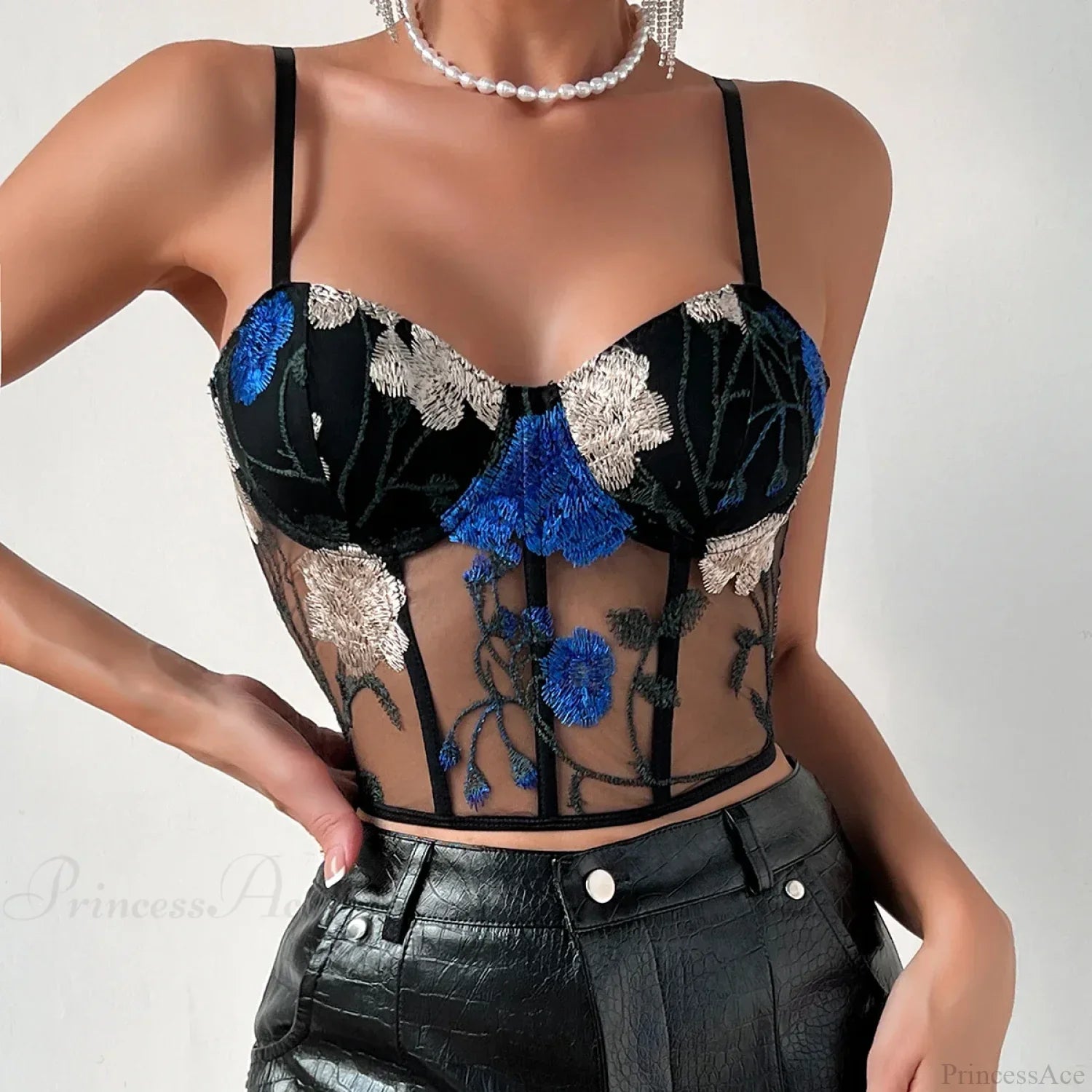 Embroidery Mesh Tank Top Slim Bustier