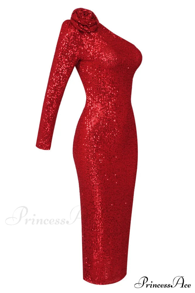 Ethel Sequins One Charming Shoulder Midi Dress