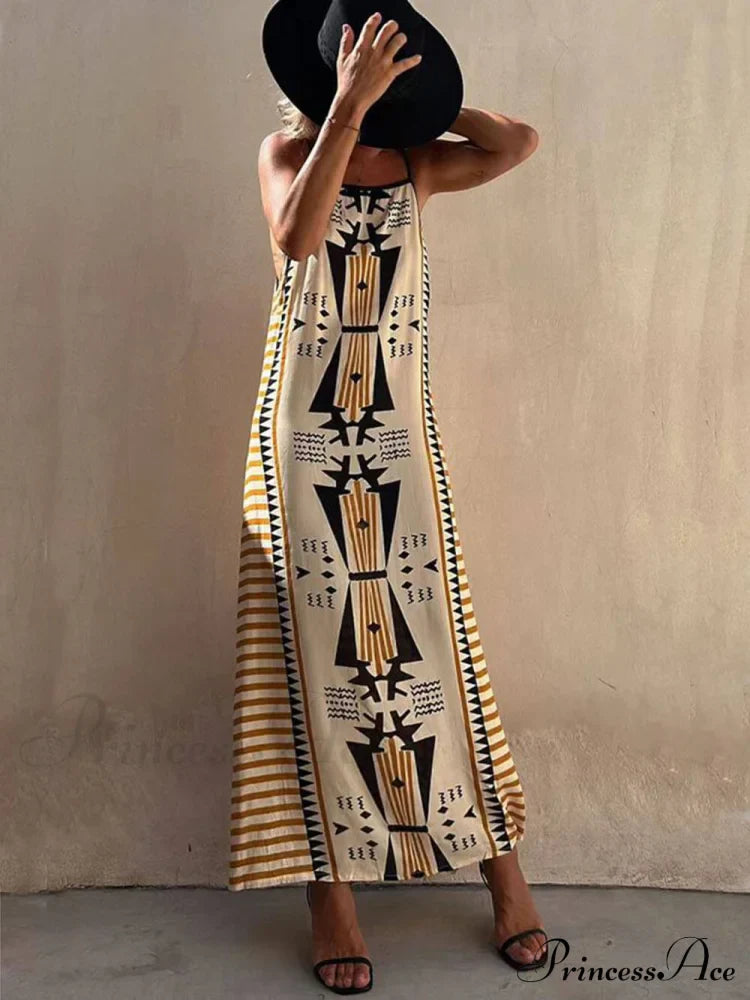 Ethnic Print Backless Charming A-Line Maxi Dress