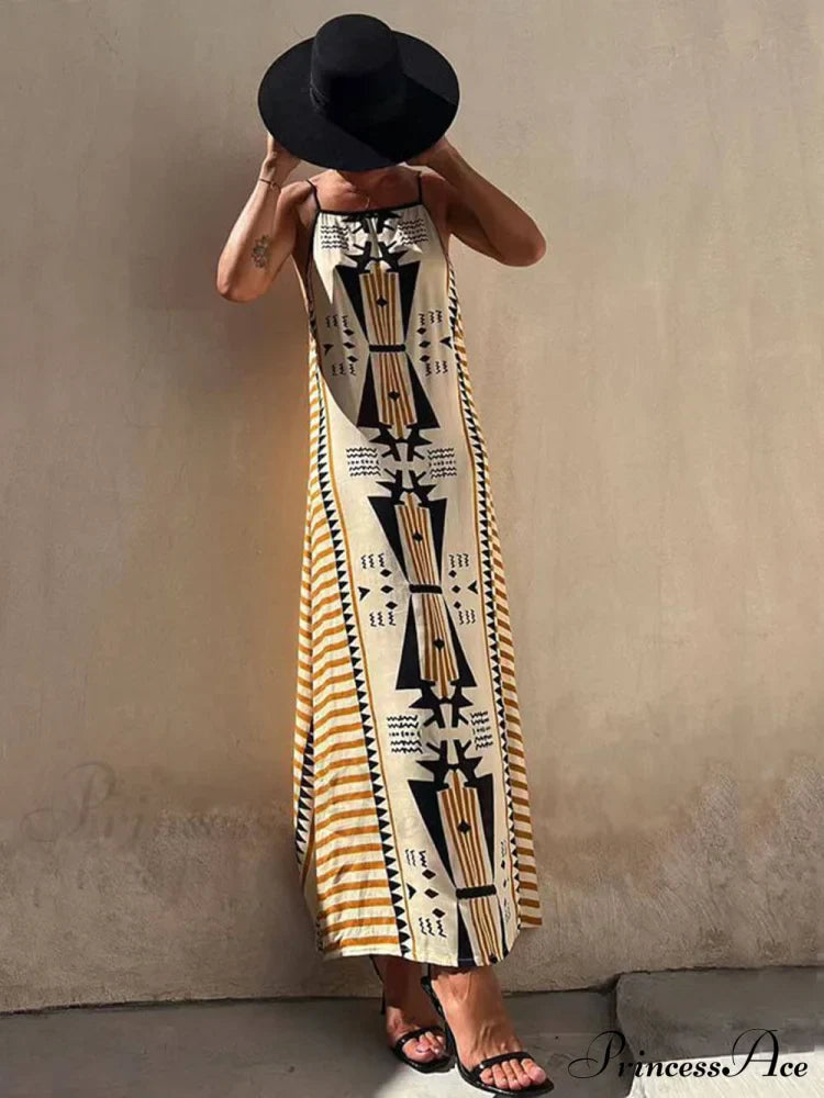 Ethnic Print Backless Charming A-Line Maxi Dress