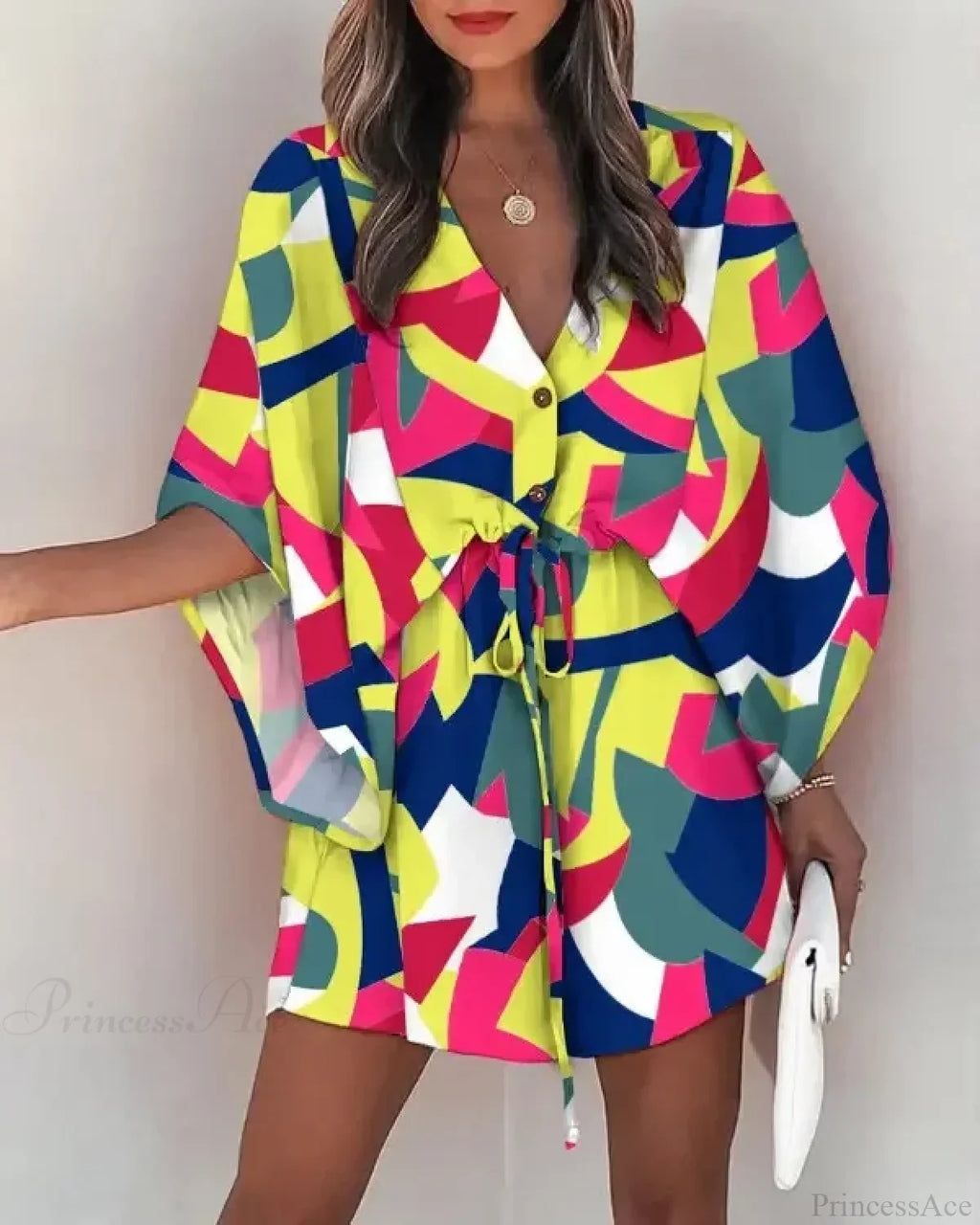 European Print V-Neck Vacation Dress