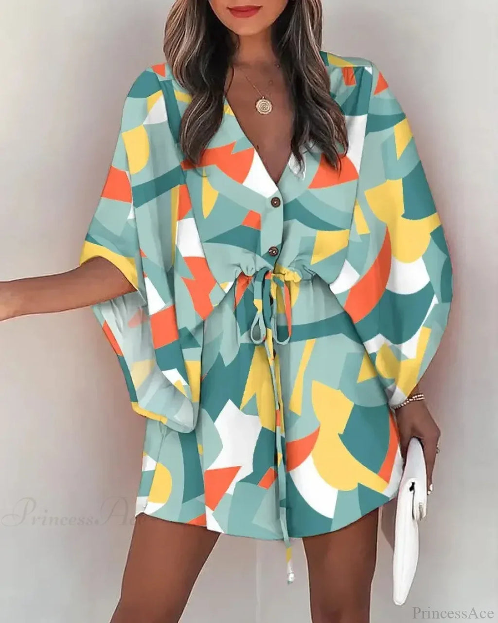 European Print V-Neck Vacation Dress