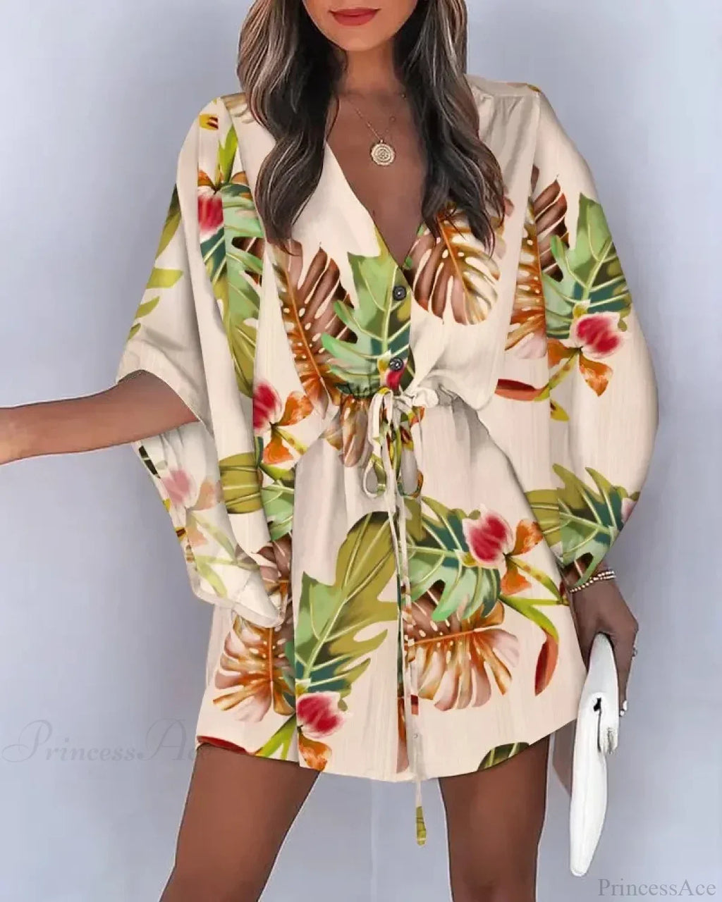 European Print V-Neck Vacation Dress