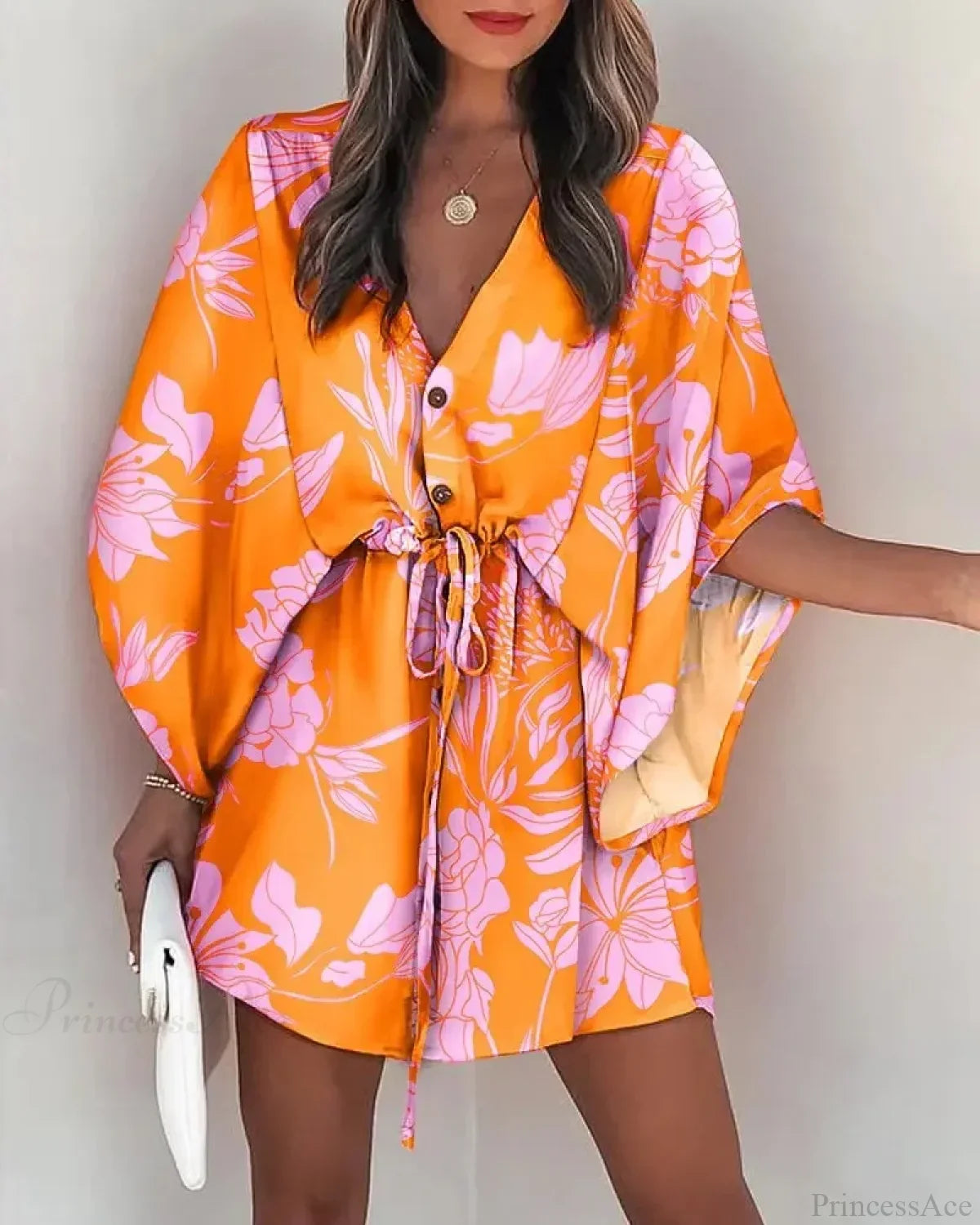 European Print V-Neck Vacation Dress