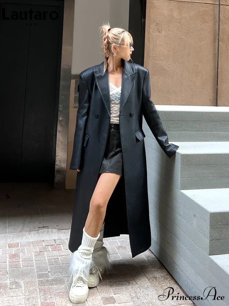 Extra Long Black Loose Pu Leather Shoulder Pads Double Breasted Faux Blazer Stylish Coat