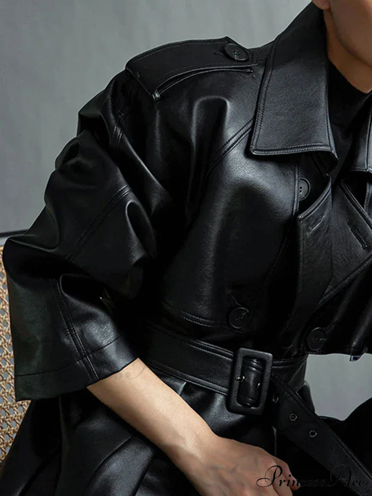 Extra Long Oversized Black Faux Leather Sleeve Belt Double Breasted Loose Stylish Coat
