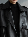 Extra Long Oversized Black Faux Leather Sleeve Belt Double Breasted Loose Stylish Coat