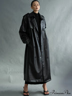 Extra Long Oversized Black Faux Leather Sleeve Belt Double Breasted Loose Stylish Coat