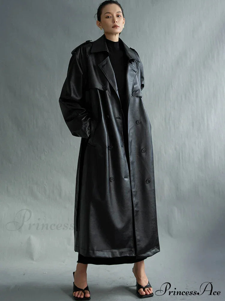 Extra Long Oversized Black Faux Leather Sleeve Belt Double Breasted Loose Stylish Coat