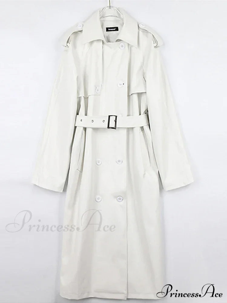 Extra Long Oversized Black Faux Leather Sleeve Belt Double Breasted Loose Stylish Coat
