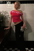 Asymmetric Neck Off Shoulder Color Block T-Shirt