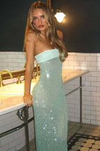 Strapless Solid Color Slim Fit Long Sequin Prom Dress