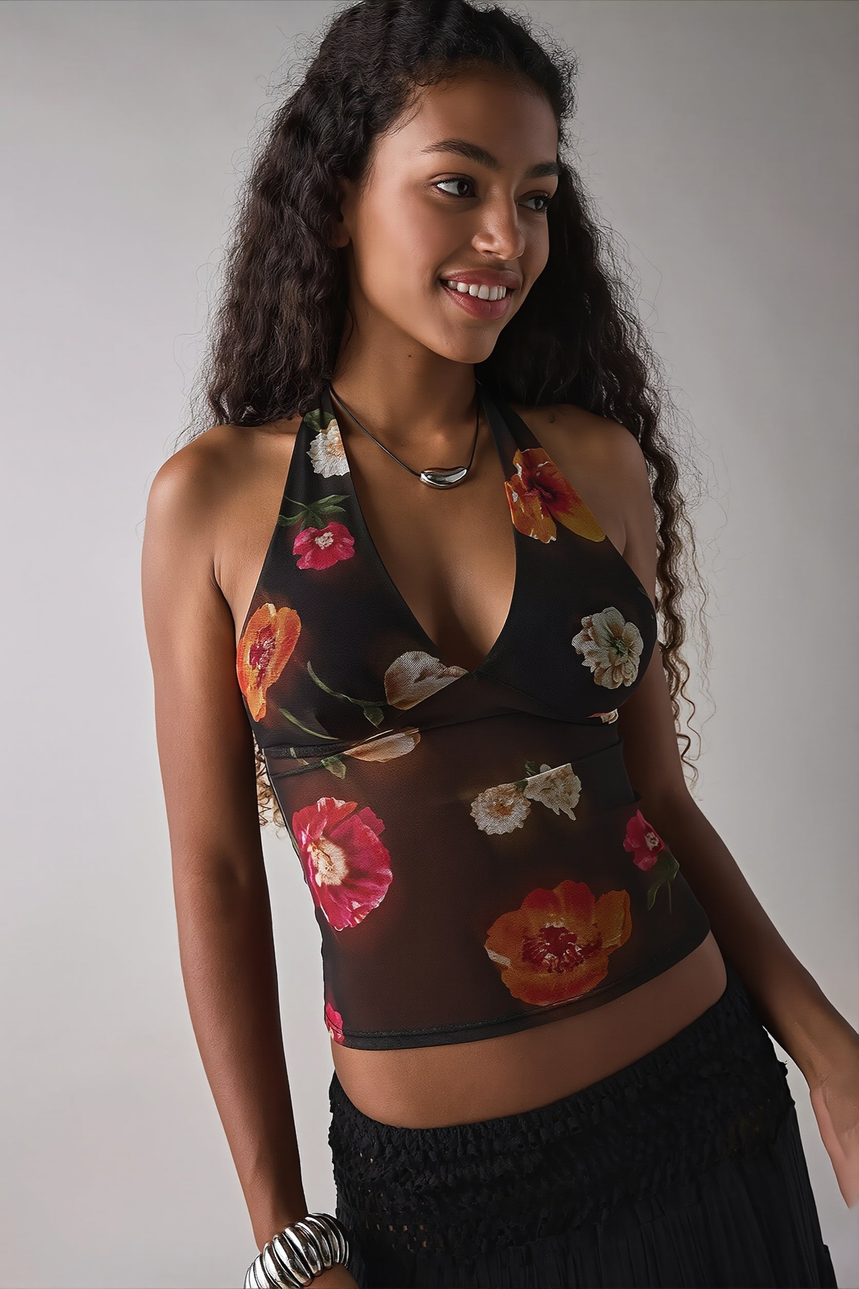 Stylish Printed Mesh Halter Top