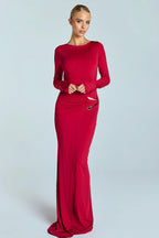 Backless Metal Decor Round Neck Sleeve Maxi Dress