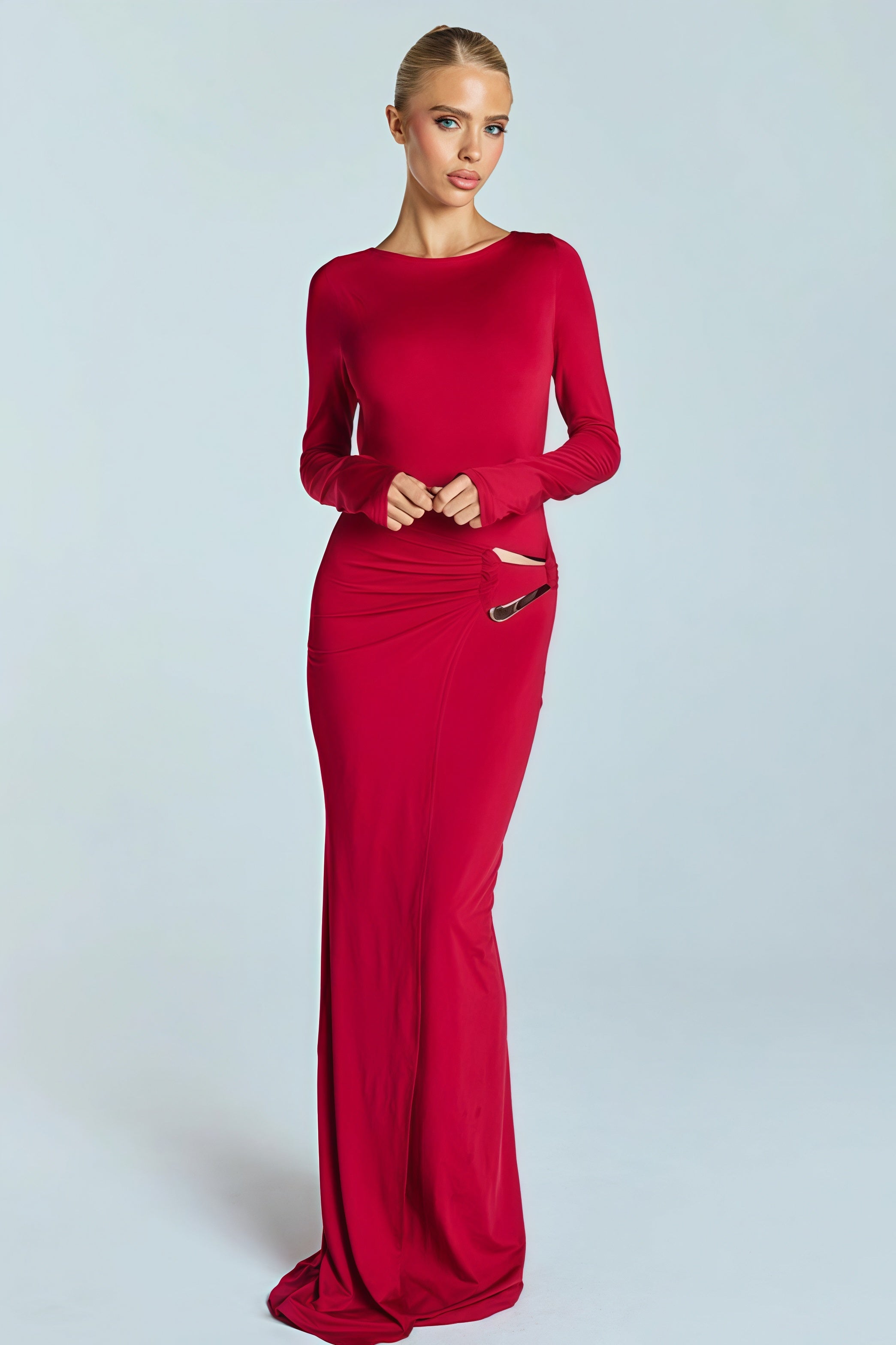 Backless Metal Decor Round Neck Sleeve Maxi Dress