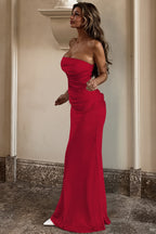 Solid Satin Shirred Strapless Elegant Maxi Dress