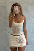 Rhinestone Trim Cami Top High Rise Skirt Sets