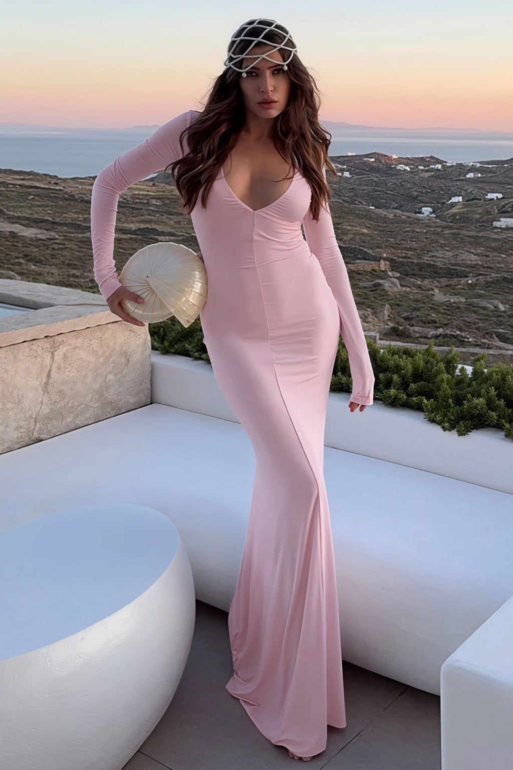 Elegant Deep V-Neck Long Sleeve Bodycon Maxi Dress
