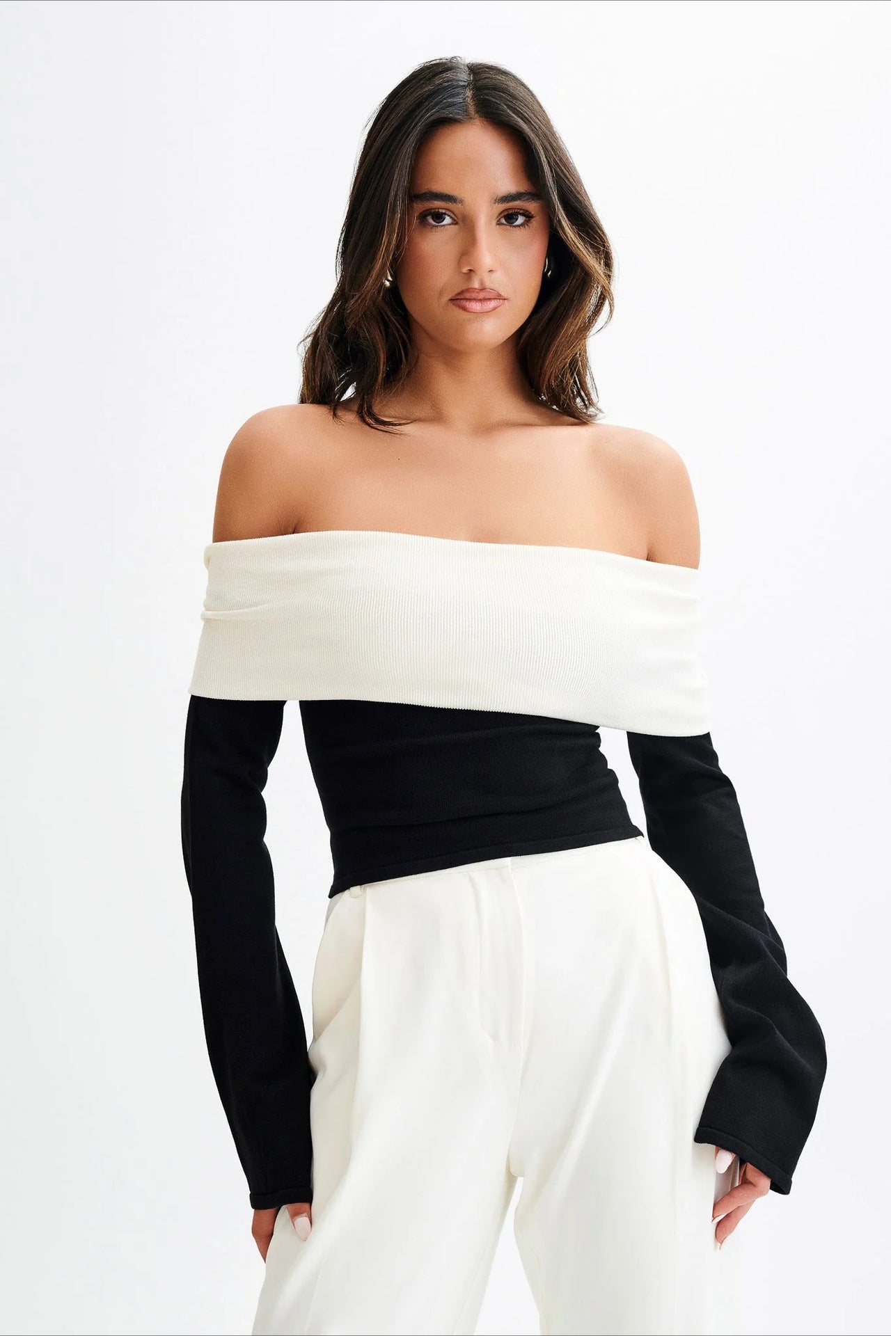 Off-Shoulder Fitted Knit Sweater