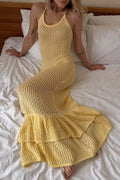Boho Ruffle Knit Cutout Sheer Cami Maxi Dress