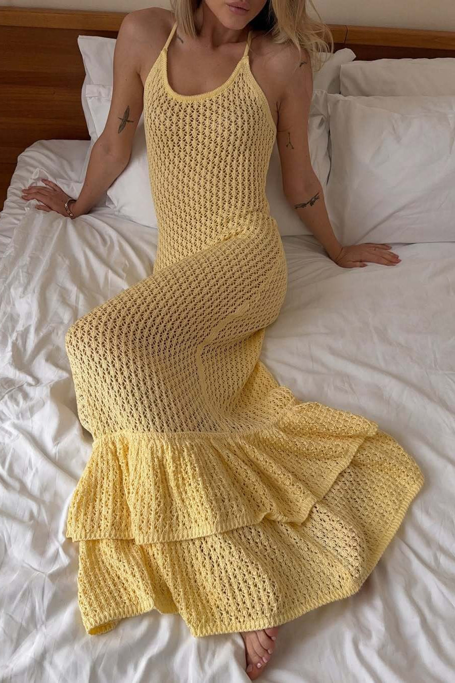 Boho Ruffle Knit Cutout Sheer Cami Maxi Dress