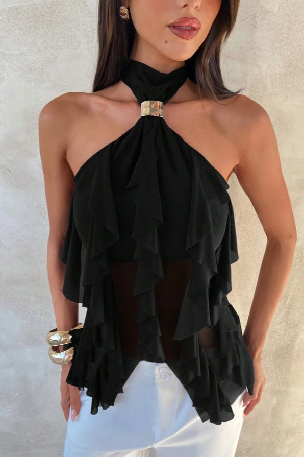 Solid Ruffle Slim Halter Top