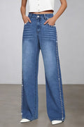 Washed Beaded High Waist Straight Leg Jeans