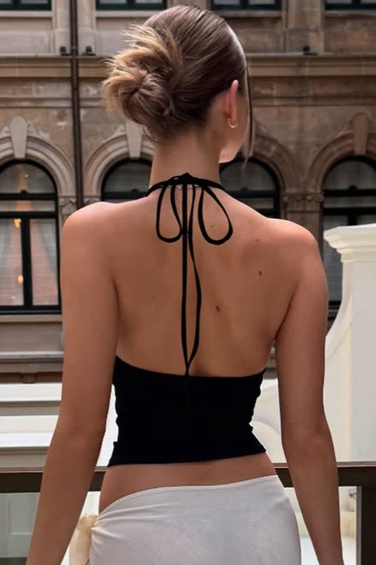 Low Cut U Neck Solid Halter Tie Cami Top