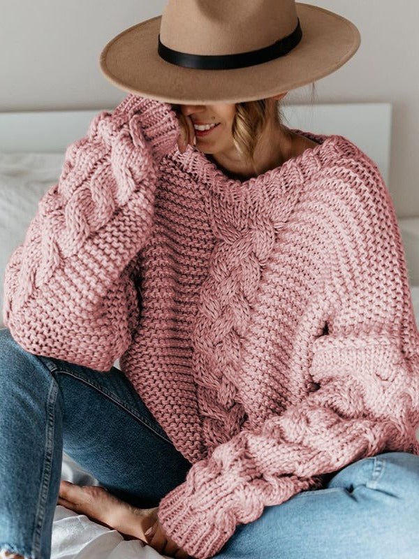 Casual Solid Color V-Neck Cable Knit Sweater