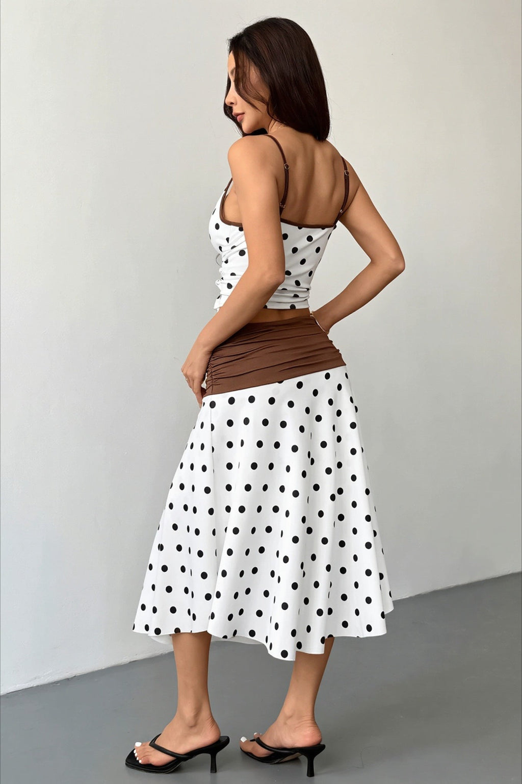 Polka Dot Tie Back Crop Top Two Tone Skirt Sets