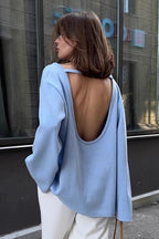 Cotton Pullover Open-Back Loose Knit Top