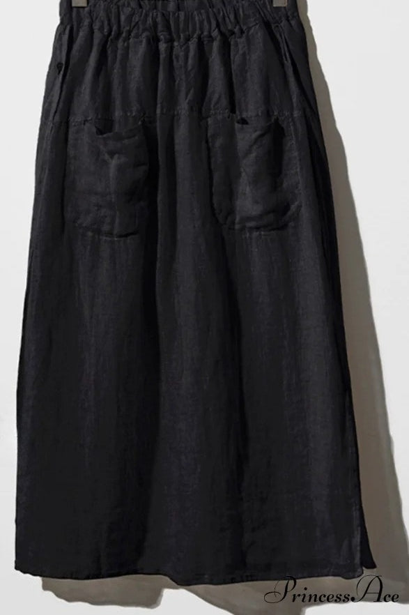 Solid Linen Midi Skirt With Pockets