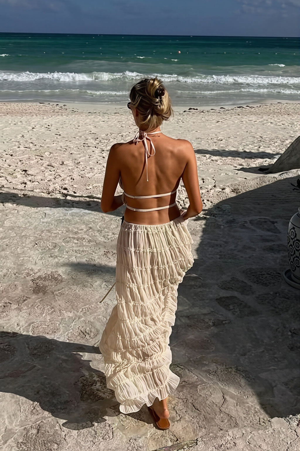 Lace Trim Halter Open Back Ruched Skirt Sets