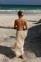 Lace Trim Halter Open Back Ruched Skirt Sets