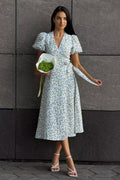 Printed Puff Sleeve Cotton Midi Dress